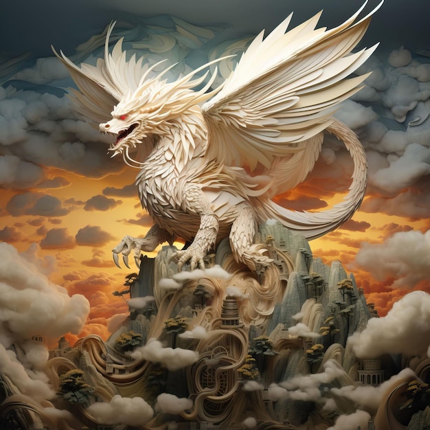 breathtaking flight of a mythical dragon as it soars through the clouds in a 3D paper