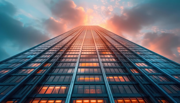 A Breathtaking Full Vista of a Modern Skyscraper Reaching Towards the Sunset Sky Urban