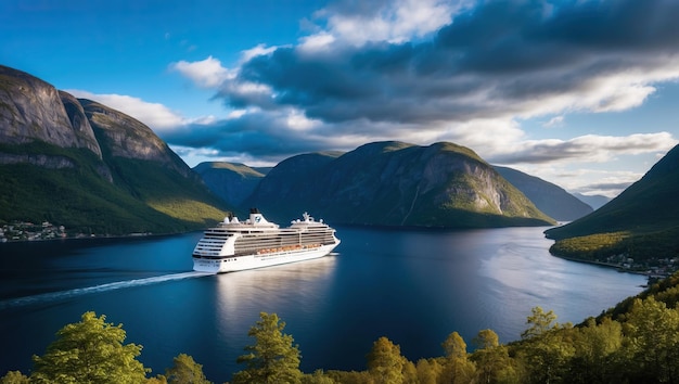 Photo breathtaking geirangerfjord scene with majestic cruise ship sailing through water