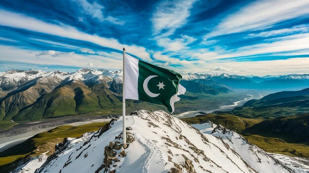 Photo a breathtaking illustration of the karakoram mountain range with the pakistani flag