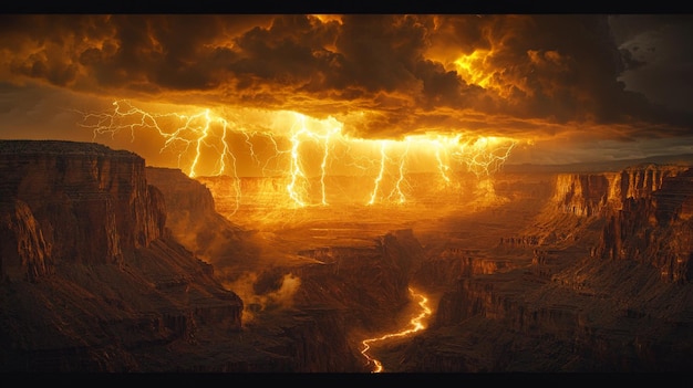 A breathtaking image of a dramatic lightning storm over a majestic canyon landscape showcasing