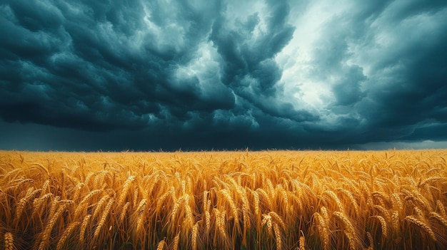 A breathtaking image of a dramatic storm cloud formation looming over a field of golden wheat