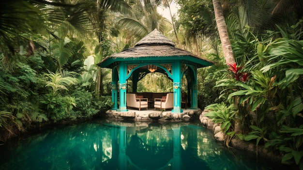 A breathtaking image of a lavish cabana set in a celestial oasis offering the ultimate in highend relaxation