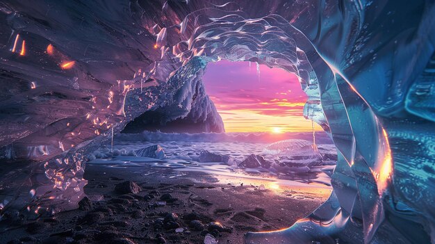 Photo breathtaking interior of an ice cave with a stunning sunset view and vibrant colors