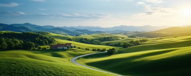 Photo breathtaking landscape featuring rolling hills lush greenery and a serene farmhouse illuminated by warm sunlight