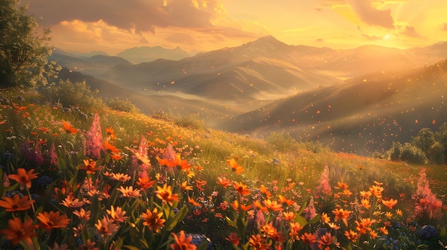 breathtaking landscape of rolling hills dotted with vibrant wildflowers