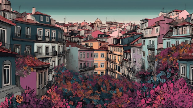 Breathtaking Lisbon rooftop view during flowerpocalypse neural illustration