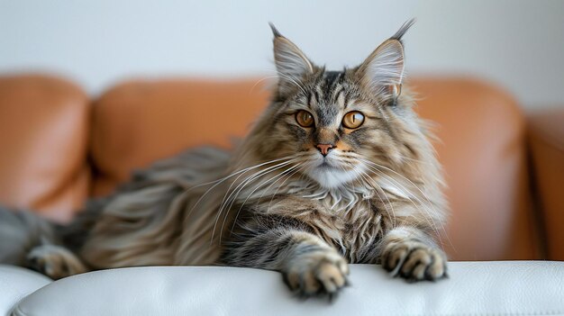 Breathtaking A longhaired cat is laying down on a leather couch