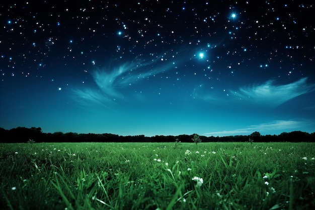 Breathtaking meadow and starry night sky