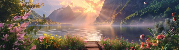 Photo breathtaking mountain lake sunset with vibrant wildflowers and serene atmosphere