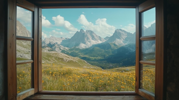 Photo breathtaking mountain landscape framed beautifully by a window creating a mesmerizing view