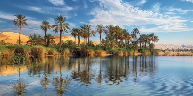 Photo a breathtaking oasis landscape featuring palm trees a serene reflection in water and vibrant dunes under a clear blue sky