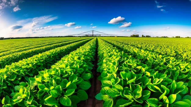 A breathtaking panorama of an agricultural soybean field with a modern irrigation system at work