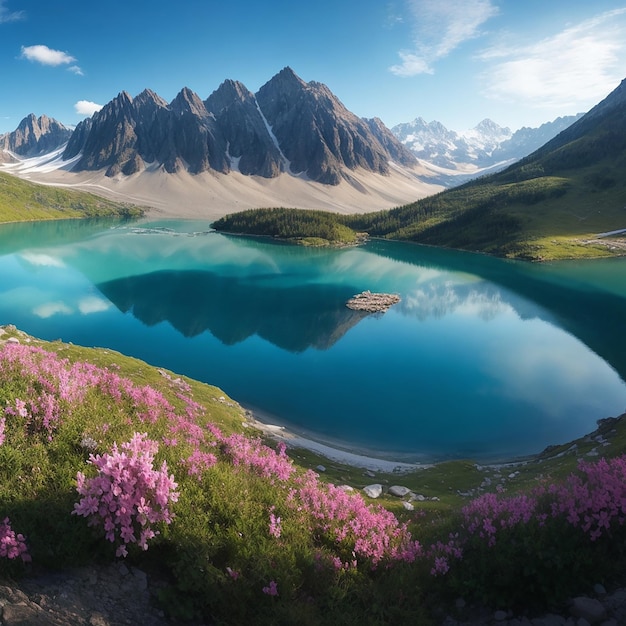 A breathtaking panorama of a mountain range and a lake with vibrant flora