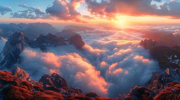 Photo breathtaking panorama of mountains with sunset and clouds