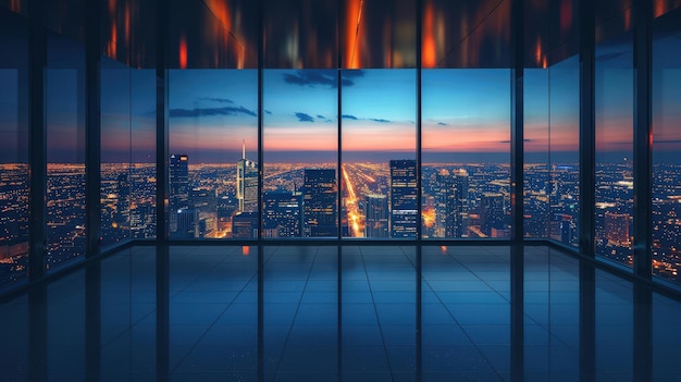 Breathtaking panoramic view of a city skyline at sunset from inside a modern glass building showcasing urban architecture and vibrant lights