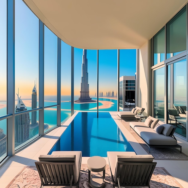 Photo a breathtaking panoramic view from a highrise luxury apartment in dubai featuring floortoceiling