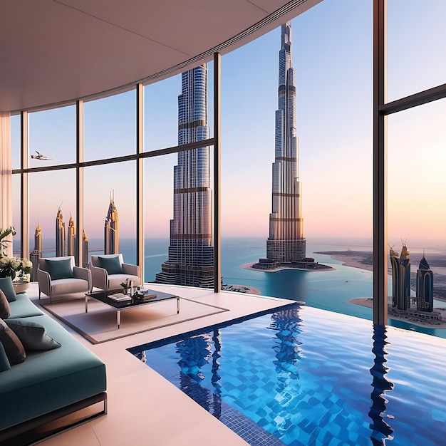 A breathtaking panoramic view from a highrise luxury apartment in Dubai featuring floortoceiling