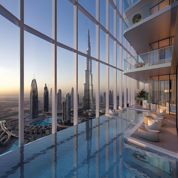 Photo a breathtaking panoramic view from a highrise luxury apartment in dubai featuring floortoceiling