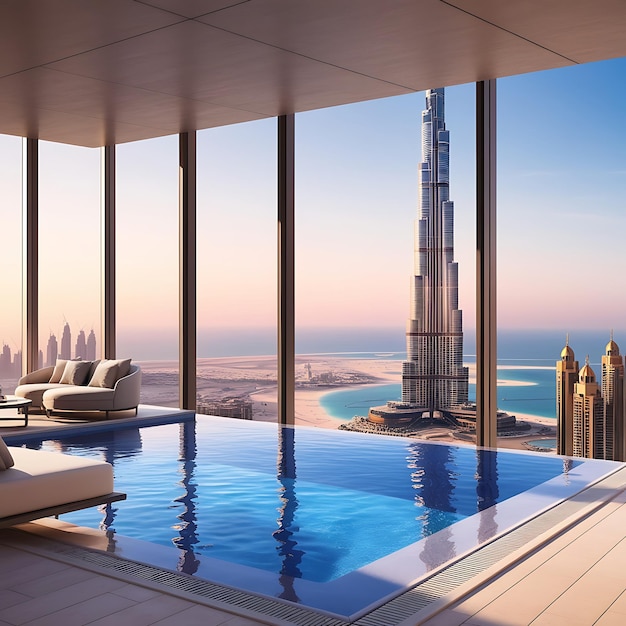 Photo a breathtaking panoramic view from a highrise luxury apartment in dubai featuring floortoceiling