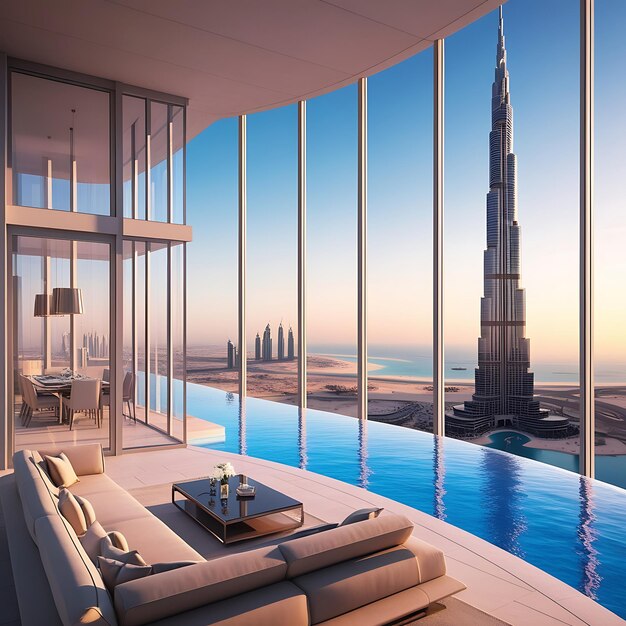 A breathtaking panoramic view from a highrise luxury apartment in Dubai featuring floortoceiling