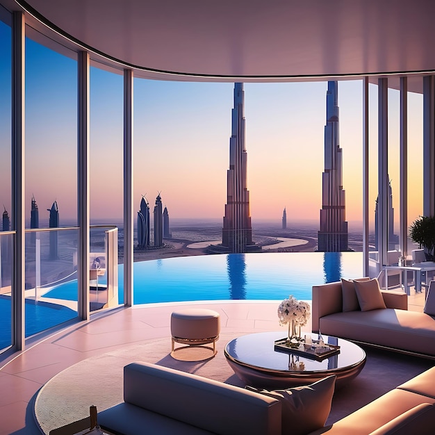 Photo a breathtaking panoramic view from a highrise luxury apartment in dubai featuring floortoceiling