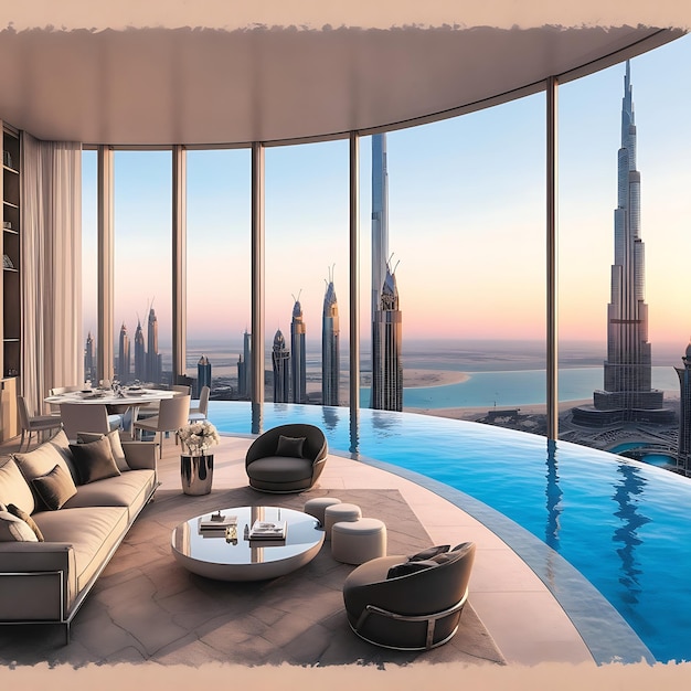 Photo a breathtaking panoramic view from a highrise luxury apartment in dubai featuring floortoceiling