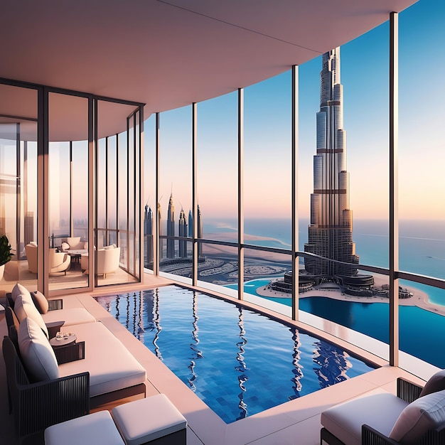 A breathtaking panoramic view from a highrise luxury apartment in Dubai featuring floortoceiling