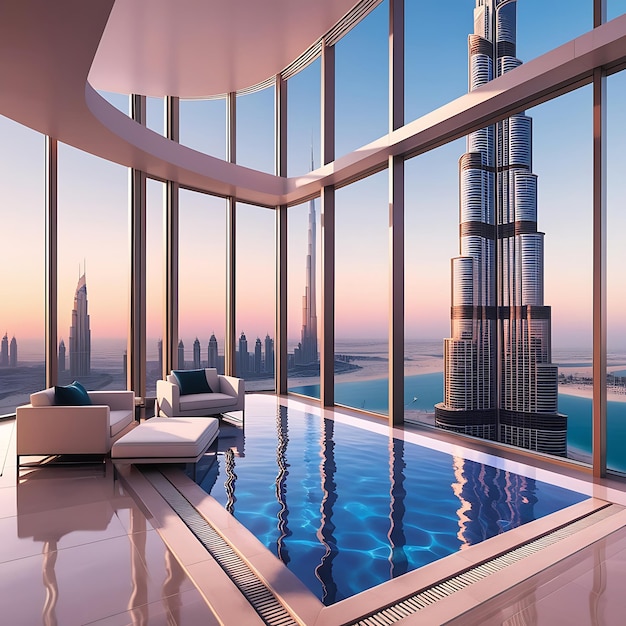 A breathtaking panoramic view from a highrise luxury apartment in Dubai featuring floortoceiling