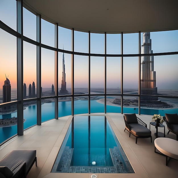 A breathtaking panoramic view from a highrise luxury apartment in Dubai featuring floortoceiling