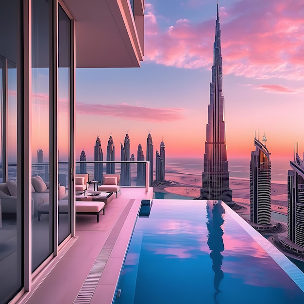 Photo a breathtaking panoramic view from a highrise luxury apartment in dubai featuring floortoceiling