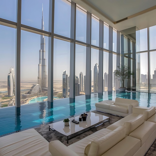 A breathtaking panoramic view from a highrise luxury apartment in Dubai featuring floortoceiling