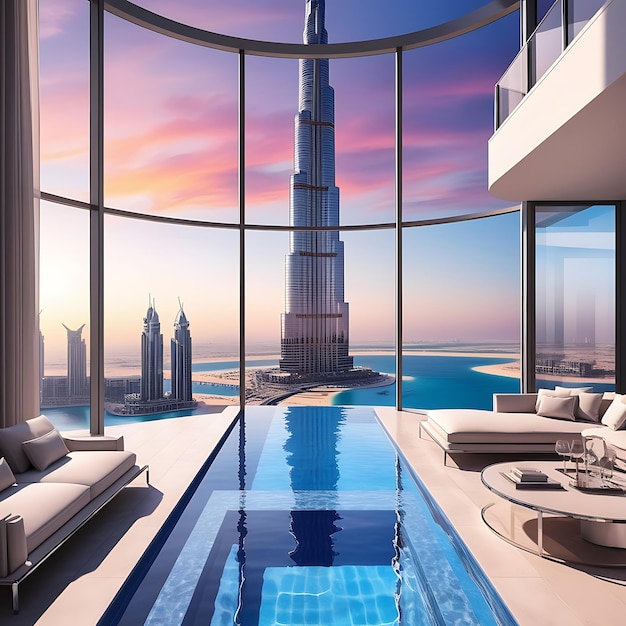 Photo a breathtaking panoramic view from a highrise luxury apartment in dubai featuring floortoceiling