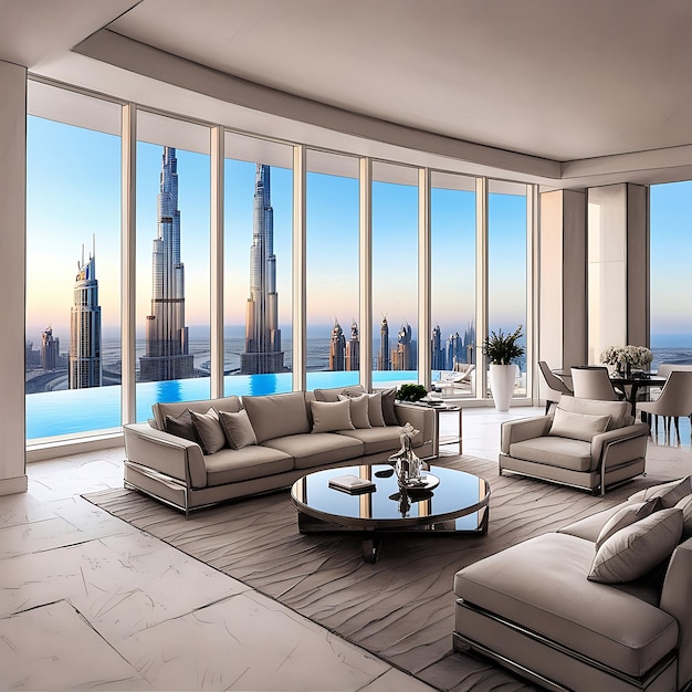 Photo a breathtaking panoramic view from a highrise luxury apartment in dubai featuring floortoceiling