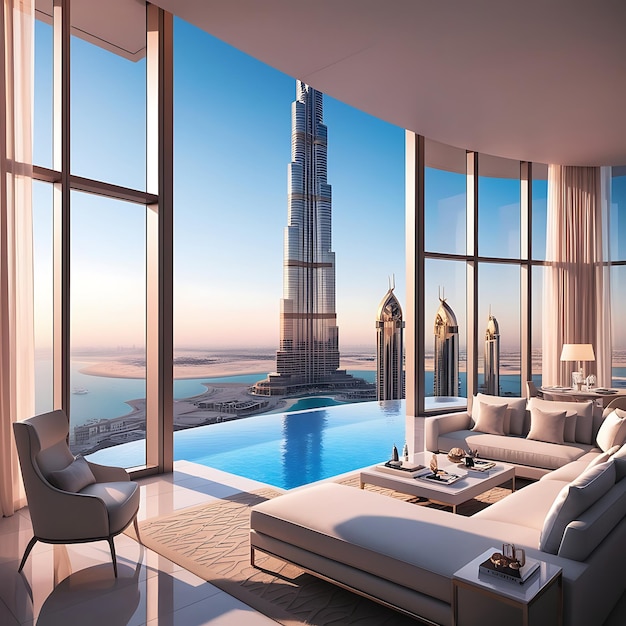 A breathtaking panoramic view from a highrise luxury apartment in Dubai featuring floortoceiling