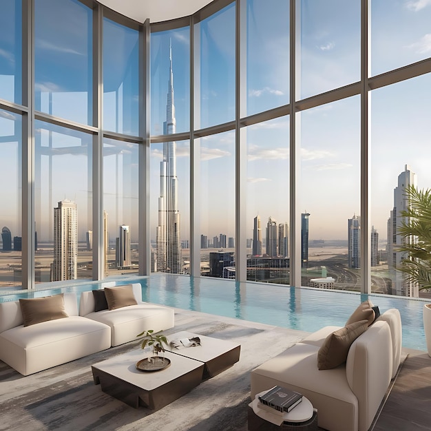 A breathtaking panoramic view from a highrise luxury apartment in Dubai featuring floortoceiling