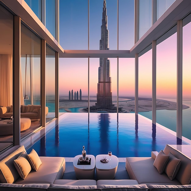 Photo a breathtaking panoramic view from a highrise luxury apartment in dubai featuring floortoceiling