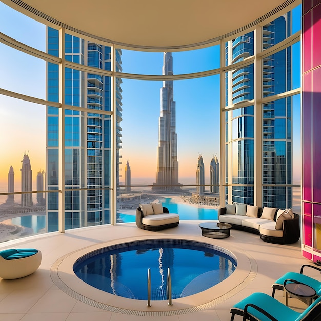 Photo a breathtaking panoramic view from a highrise luxury apartment in dubai featuring floortoceiling