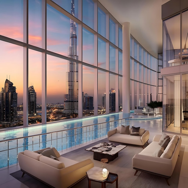 Photo a breathtaking panoramic view from a highrise luxury apartment in dubai featuring floortoceiling