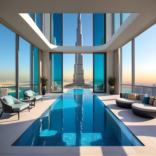 Photo a breathtaking panoramic view from a highrise luxury apartment in dubai featuring floortoceiling