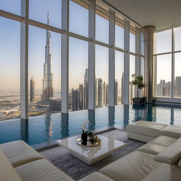 Photo a breathtaking panoramic view from a highrise luxury apartment in dubai featuring floortoceiling