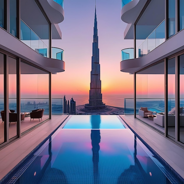 Photo a breathtaking panoramic view from a highrise luxury apartment in dubai featuring floortoceiling