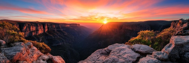 Photo a breathtaking panoramic view of a rugged mountain landscape at sunset the sun is setting behi