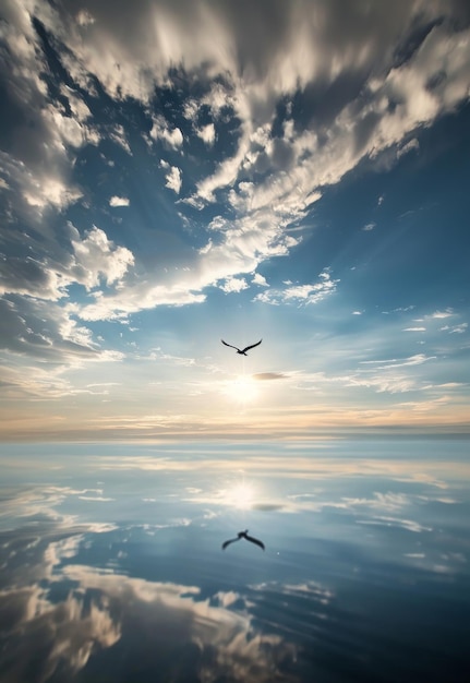 Breathtaking photo lone bird soaring against vast horizon evoking liberation serenity