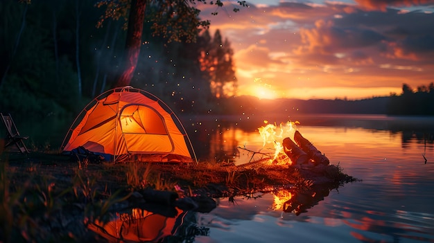 Breathtaking Photo Realistic Sunset at Campsite with Tent and Campfire High Resolution Image of E