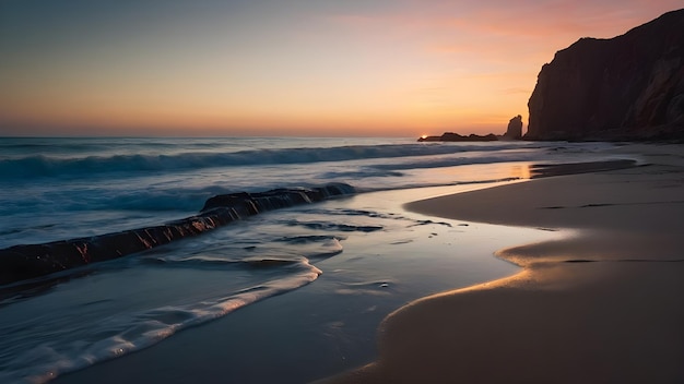 Breathtaking photograph of a beach with glowing stone in sunset