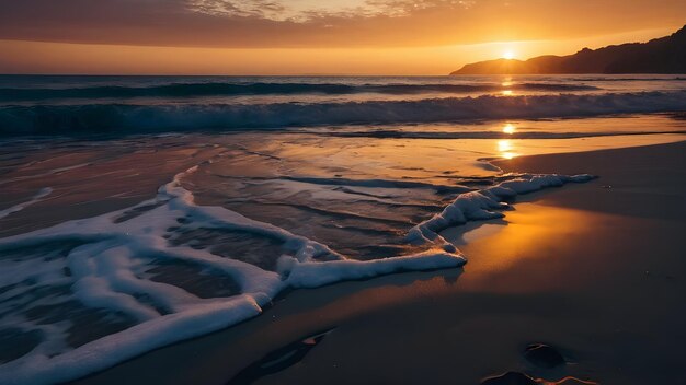 Breathtaking photograph of a beach with glowing stone in sunset