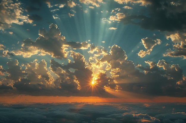 Breathtaking picture showing a breathtaking view of the sky with fluffy white clouds and rays pierc