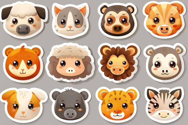 Photo breathtaking presenting sticker pack of cute animal faces in a cartoon style illustration featuring