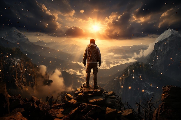 Breathtaking realism Backlit figure on mountain beholding cosmic wonders